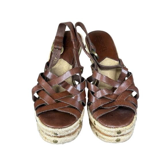 Michael Kors Y2K Brown Leather Studded Espadrille Wedge Sandals Size 6 - Picture 7 of 12